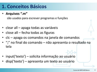1. Conceitos Básicos
• Arquivos “.m”
são usados para escrever programas e funções
• clear all – apaga todas as variáveis
• close all – fecha todas as figuras
• clc – apaga os comandos na janela de comandos
• “;” no final do comando – não apresenta o resultado na
tela
• input(‘texto’) – solicita informação ao usuário
• disp(‘texto’) – apresenta um texto ao usuário
4Curso de MATLAB Básico
 