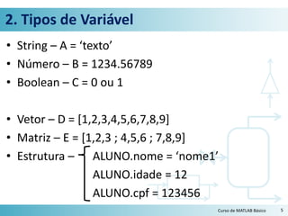 2. Tipos de Variável
• String – A = ‘texto’
• Número – B = 1234.56789
• Boolean – C = 0 ou 1
• Vetor – D = [1,2,3,4,5,6,7,8,9]
• Matriz – E = [1,2,3 ; 4,5,6 ; 7,8,9]
• Estrutura – ALUNO.nome = ‘nome1’
ALUNO.idade = 12
ALUNO.cpf = 123456
Curso de MATLAB Básico 5
 