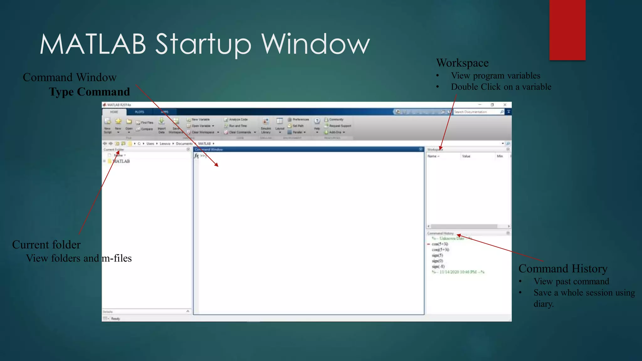 MATLAB Startup Window Workspace
• View program variables
• Double Click on a variable
Command Window
Type Command
Current folder
View folders and m-files
Command History
• View past command
• Save a whole session using
diary.
 