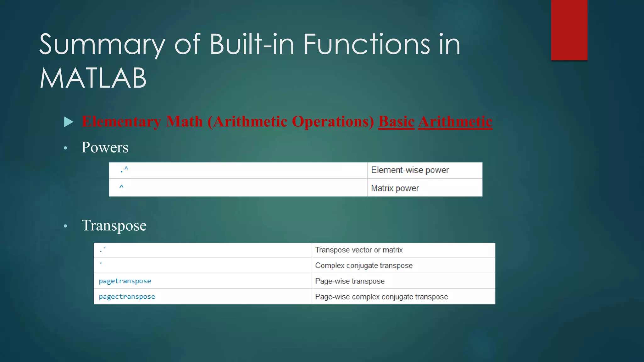 Summary of Built-in Functions in
MATLAB
 Elementary Math (Arithmetic Operations) Basic Arithmetic
• Powers
• Transpose
 