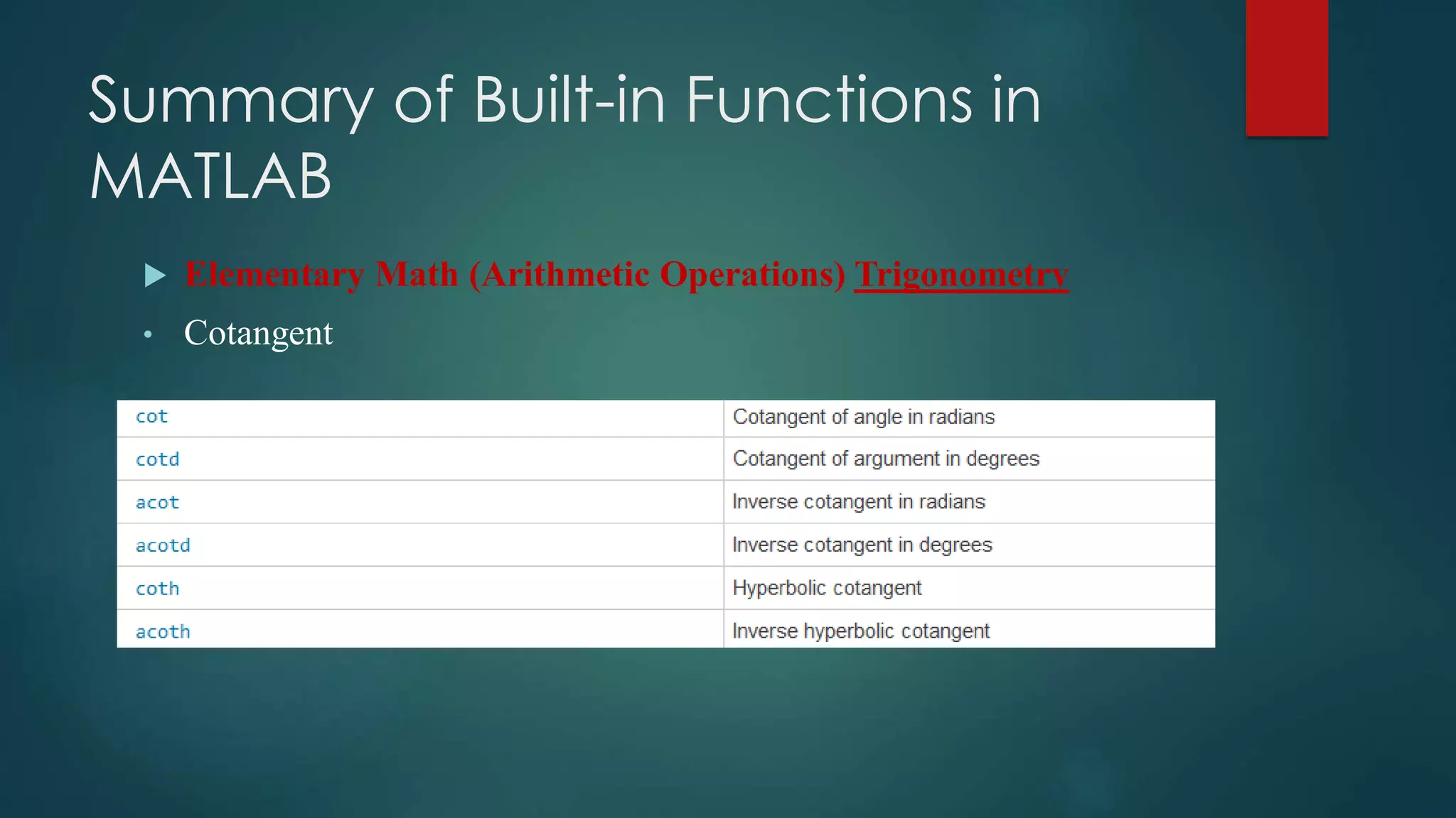 Summary of Built-in Functions in
MATLAB
 Elementary Math (Arithmetic Operations) Trigonometry
• Cotangent
 