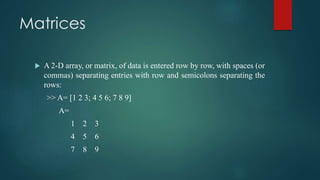 Matrices
 A 2-D array, or matrix, of data is entered row by row, with spaces (or
commas) separating entries with row and semicolons separating the
rows:
>> A= [1 2 3; 4 5 6; 7 8 9]
A=
1 2 3
4 5 6
7 8 9
 