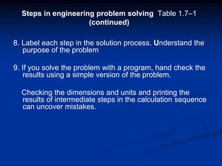 Steps in engineering problem solving Table 1.7–1
(continued)
8. Label each step in the solution process. Understand the
purpose of the problem
9. If you solve the problem with a program, hand check the
results using a simple version of the problem.
Checking the dimensions and units and printing the
results of intermediate steps in the calculation sequence
can uncover mistakes.
 