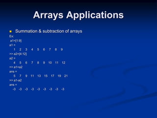Arrays Applications
 Summation & subtraction of arrays
Ex:
a1=[1:9]
a1 =
1 2 3 4 5 6 7 8 9
>> a2=[4:12]
a2 =
4 5 6 7 8 9 10 11 12
>> a1+a2
ans =
5 7 9 11 13 15 17 19 21
>> a1-a2
ans =
-3 -3 -3 -3 -3 -3 -3 -3 -3
 