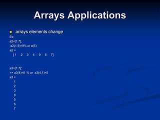 Arrays Applications
 arrays elements change
Ex:
a2=[1:7];
a2(1,5)=9% or a(5)
a2 =
[ 1 2 3 4 9 6 7]
a3=[1:7]';
>> a3(4)=8 % or a3(4,1)=5
a3 =
1
2
3
8
5
6
7
 