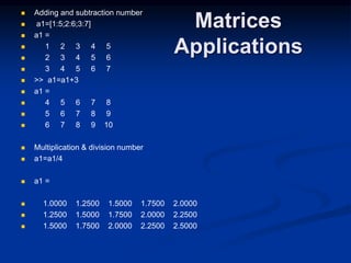 Matrices
Applications
 Adding and subtraction number
 a1=[1:5;2:6;3:7]
 a1 =
 1 2 3 4 5
 2 3 4 5 6
 3 4 5 6 7
 >> a1=a1+3
 a1 =
 4 5 6 7 8
 5 6 7 8 9
 6 7 8 9 10
 Multiplication & division number
 a1=a1/4
 a1 =
 1.0000 1.2500 1.5000 1.7500 2.0000
 1.2500 1.5000 1.7500 2.0000 2.2500
 1.5000 1.7500 2.0000 2.2500 2.5000
 