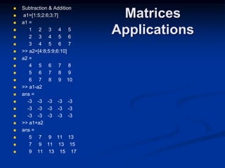 Matrices
Applications
 Subtraction & Addition
 a1=[1:5;2:6;3:7]
 a1 =
 1 2 3 4 5
 2 3 4 5 6
 3 4 5 6 7
 >> a2=[4:8;5:9;6:10]
 a2 =
 4 5 6 7 8
 5 6 7 8 9
 6 7 8 9 10
 >> a1-a2
 ans =
 -3 -3 -3 -3 -3
 -3 -3 -3 -3 -3
 -3 -3 -3 -3 -3
 >> a1+a2
 ans =
 5 7 9 11 13
 7 9 11 13 15
 9 11 13 15 17
 