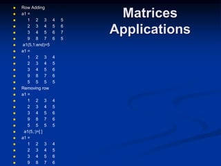 Matrices
Applications
 Row Adding
 a1 =
 1 2 3 4 5
 2 3 4 5 6
 3 4 5 6 7
 9 8 7 6 5
 a1(5,1:end)=5
 a1 =
 1 2 3 4
 2 3 4 5
 3 4 5 6
 9 8 7 6
 5 5 5 5
 Removing row
 a1 =
 1 2 3 4
 2 3 4 5
 3 4 5 6
 9 8 7 6
 5 5 5 5
 a1(5,:)=[ ]
 a1 =
 1 2 3 4
 2 3 4 5
 3 4 5 6
 9 8 7 6
 