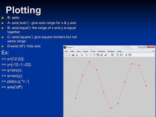 Plotting
 8- axis:
 A- axis(‘auto’) : give auto range for x & y axis
 B- axis(‘equal’): the range of x and y is equal
together
 C- axis(‘square’) :give square borders but not
same range
 D-axis(‘off’): hide axis
Ex:
>> x=[12:22];
>> y=[-12:-1:-22];
>> q=sin(x);
>> w=sin(y);
>> plot(x,q,'*r-.')
>> axis('off')
 
