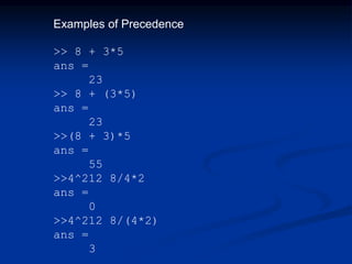 Examples of Precedence
>> 8 + 3*5
ans =
23
>> 8 + (3*5)
ans =
23
>>(8 + 3)*5
ans =
55
>>4^212 8/4*2
ans =
0
>>4^212 8/(4*2)
ans =
3
 