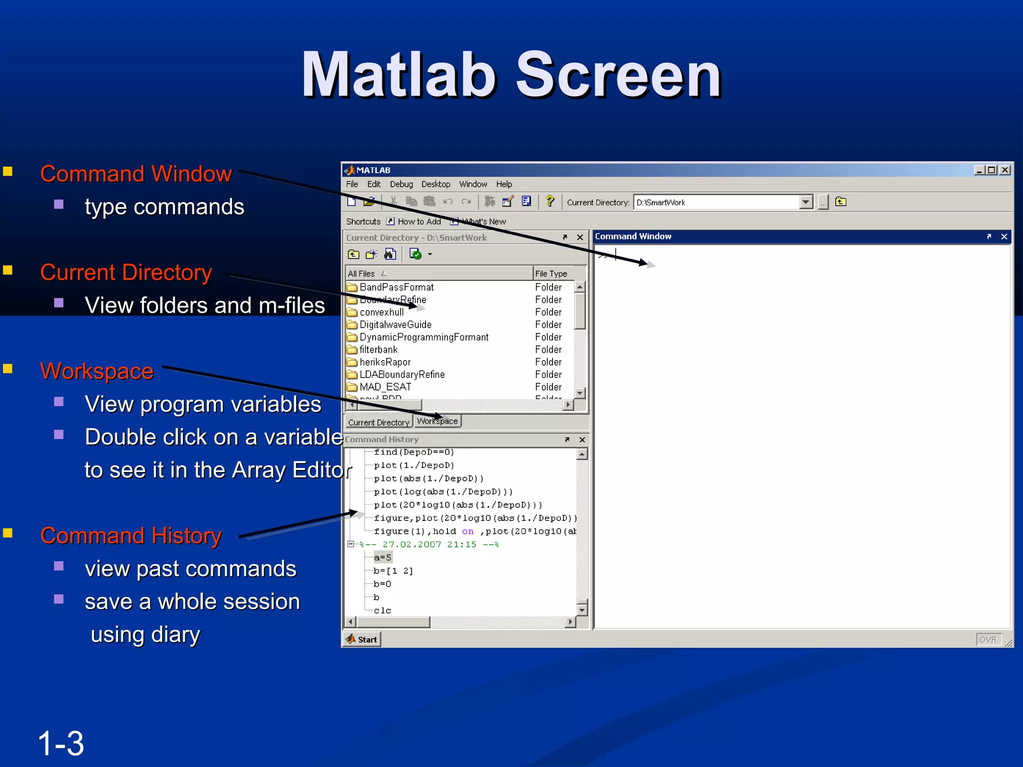Matlab ScreenMatlab Screen
1-3
 Command WindowCommand Window
 type commandstype commands
 Current DirectoryCurrent Directory
 View folders and m-filesView folders and m-files
 WorkspaceWorkspace
 View program variablesView program variables
 Double click on a variableDouble click on a variable
to see it in the Array Editorto see it in the Array Editor
 Command HistoryCommand History
 view past commandsview past commands
 save a whole sessionsave a whole session
using diaryusing diary
 