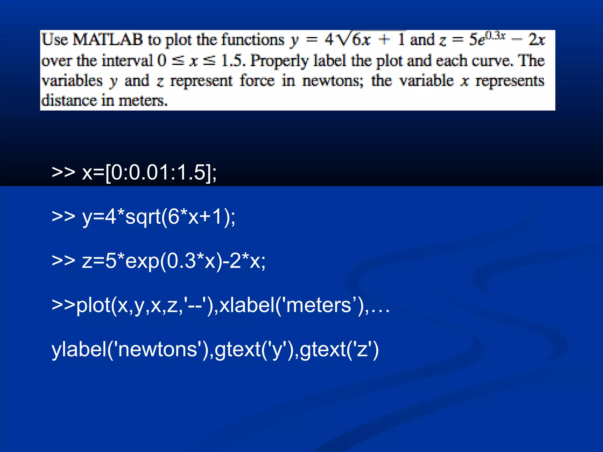 >> x=[0:0.01:1.5];
>> y=4*sqrt(6*x+1);
>> z=5*exp(0.3*x)-2*x;
>>plot(x,y,x,z,'--'),xlabel('meters’),…
ylabel('newtons'),gtext('y'),gtext('z')
 