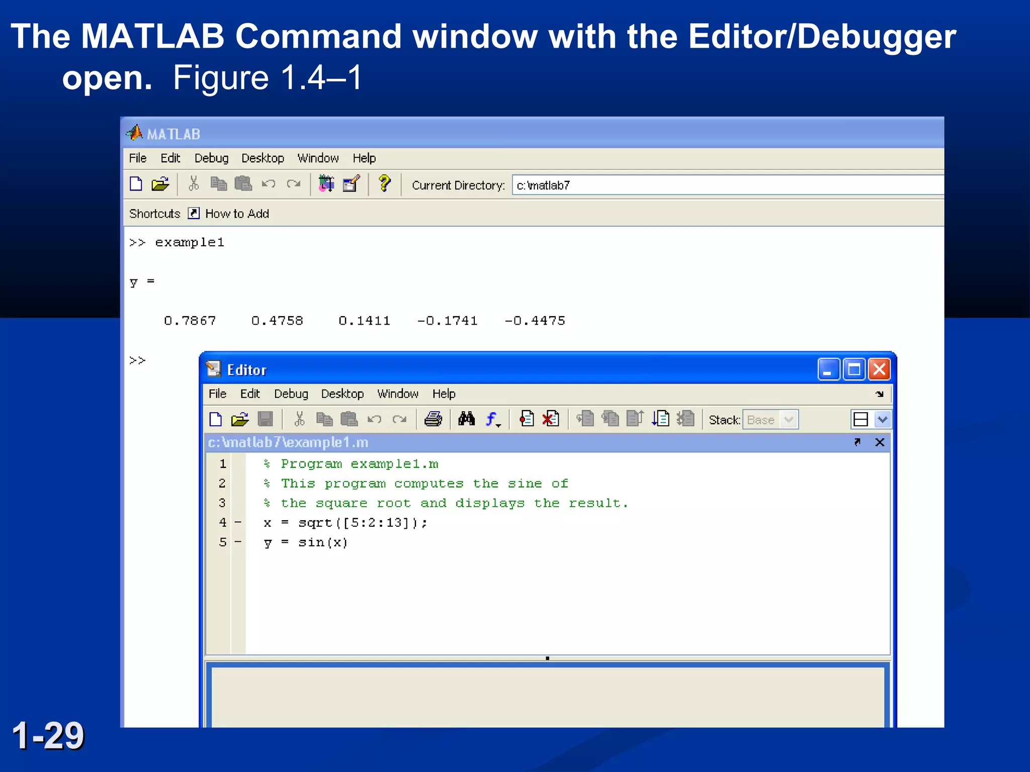 The MATLAB Command window with the Editor/Debugger
open. Figure 1.4–1
1-291-29
 