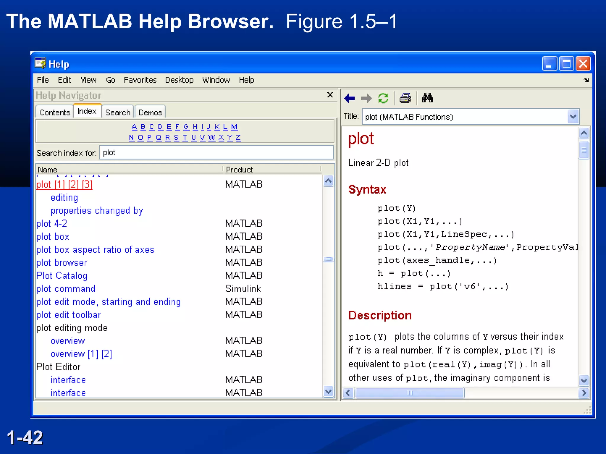The MATLAB Help Browser. Figure 1.5–1
1-421-42
 