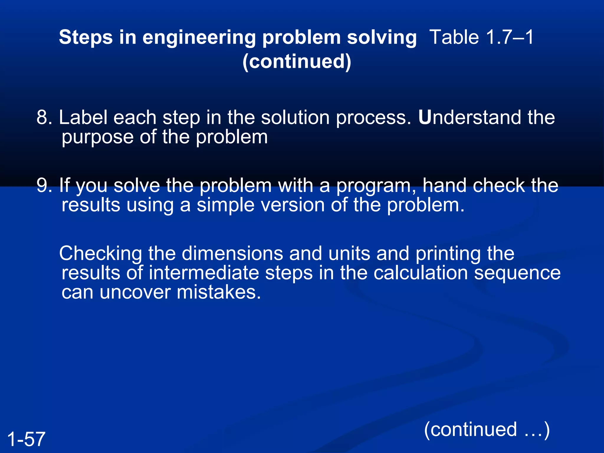 Steps in engineering problem solving Table 1.7–1
(continued)
8. Label each step in the solution process. Understand the
purpose of the problem
9. If you solve the problem with a program, hand check the
results using a simple version of the problem.
Checking the dimensions and units and printing the
results of intermediate steps in the calculation sequence
can uncover mistakes.
(continued …)
1-57
 