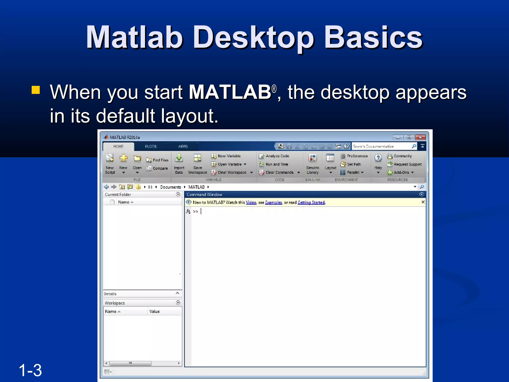 Matlab Desktop BasicsMatlab Desktop Basics
 When you startWhen you start MATLABMATLAB®®
, the desktop appears, the desktop appears
in its default layout.in its default layout.
1-3
 