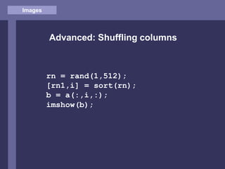 Images
Advanced: Shuffling columns
rn = rand(1,512);
[rn1,i] = sort(rn);
b = a(:,i,:);
imshow(b);
 