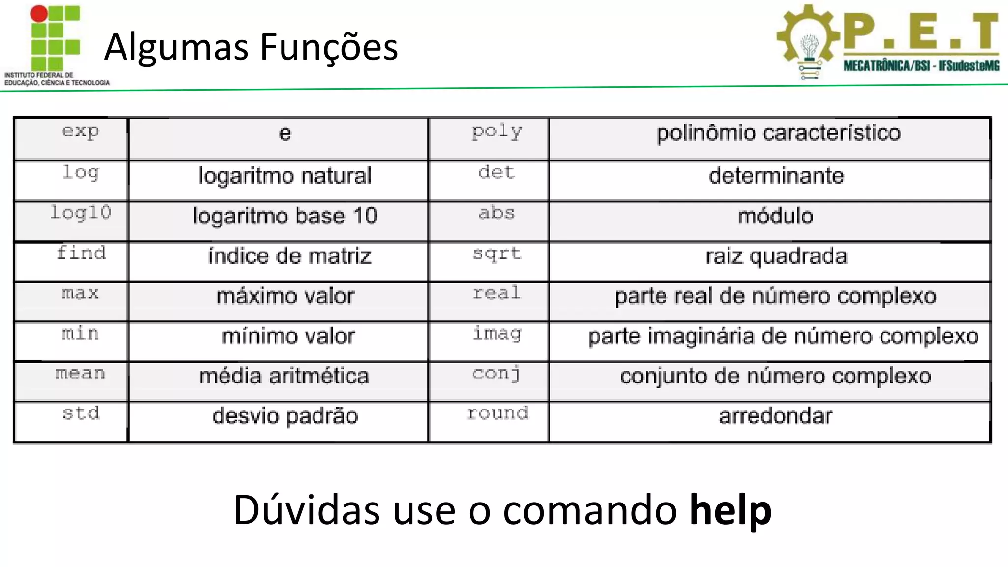 Algumas Funções
Dúvidas use o comando help
 