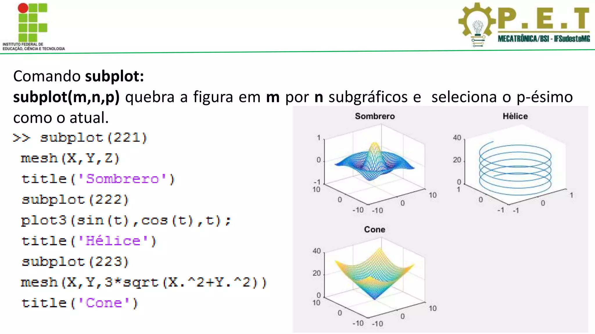 Comando subplot:
subplot(m,n,p) quebra a figura em m por n subgráficos e seleciona o p-ésimo
como o atual.
 