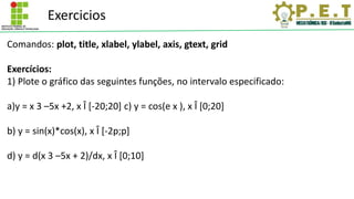 Exercicios
Comandos: plot, title, xlabel, ylabel, axis, gtext, grid
Exercícios:
1) Plote o gráfico das seguintes funções, no intervalo especificado:
a)y = x 3 –5x +2, x Î [-20;20] c) y = cos(e x ), x Î [0;20]
b) y = sin(x)*cos(x), x Î [-2p;p]
d) y = d(x 3 –5x + 2)/dx, x Î [0;10]
 