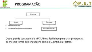 PROGRAMAÇÃO
Outra grande vantagem do MATLAB é a facilidade para criar programas,
da mesma forma que linguagens como o C, BASIC ou Fortran.
 