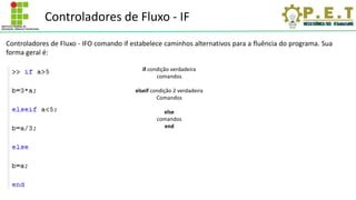 Controladores de Fluxo - IFO comando if estabelece caminhos alternativos para a fluência do programa. Sua
forma geral é:
if condição verdadeira
comandos
elseif condição 2 verdadeira
Comandos
else
comandos
end
Controladores de Fluxo - IF
 