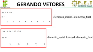 GERANDO VETORES
elemento_inicial :elemento_final
elemento_inicial :passo:elemento_final
 