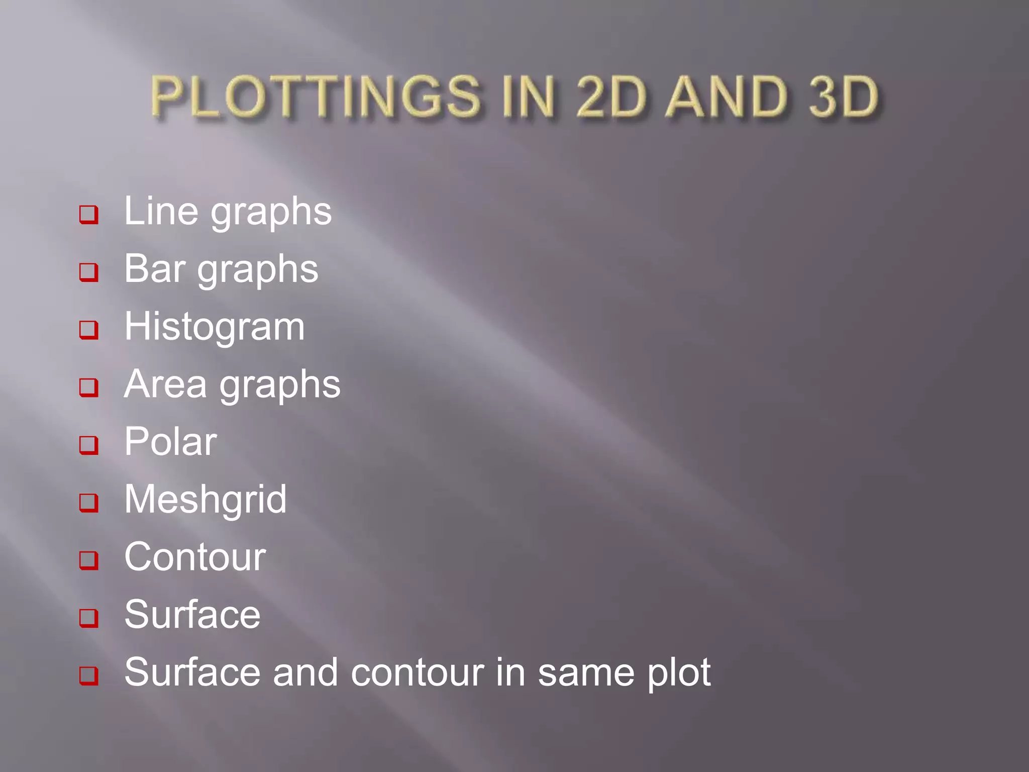  Line graphs
 Bar graphs
 Histogram
 Area graphs
 Polar
 Meshgrid
 Contour
 Surface
 Surface and contour in same plot
 