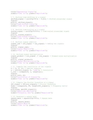 title('Exponential Signal');
xlabel('Time (s)'); ylabel('Amplitude');
% 7. Perform time-shifting on a signal
shifted_signal = sin(2*pi*f*(t - 0.2)); % Shifted sinusoidal signal
figure;
plot(t, shifted_signal);
title('Time-shifted Signal');
xlabel('Time (s)'); ylabel('Amplitude');
% 8. Perform time-scaling on a signal
scaled_signal = sin(2*pi*f*2*t); % Time-scaled sinusoidal signal
figure;
plot(t, scaled_signal);
title('Time-scaled Signal');
xlabel('Time (s)'); ylabel('Amplitude');
% 9. Perform signal addition
signal_sum = sin_signal + cos_signal; % Adding two signals
figure;
plot(t, signal_sum);
title('Signal Addition');
xlabel('Time (s)'); ylabel('Amplitude');
% 10. Perform signal multiplication
signal_product = sin_signal .* cos_signal; % Element-wise multiplication
figure;
plot(t, signal_product);
title('Signal Multiplication');
xlabel('Time (s)'); ylabel('Amplitude');
% 11. Compute the convolution of two signals
h = [1, 2, 1]; % Impulse response
y = conv(sin_signal, h, 'same'); % Convolution
t_conv = linspace(0, 1, length(y));
figure;
plot(t_conv, y);
title('Convolution of Signals');
xlabel('Time (s)'); ylabel('Amplitude');
% 12. Compute the Fourier Transform of a signal
fft_signal = fft(sin_signal); % Fourier Transform
freq = linspace(0, 50, length(fft_signal)); % Frequency vector
figure;
plot(freq, abs(fft_signal));
title('Magnitude Spectrum');
xlabel('Frequency (Hz)'); ylabel('Magnitude');
% 13. Generate a square wave
square_wave = square(2*pi*f*t); % Square wave
figure;
plot(t, square_wave);
title('Square Wave');
xlabel('Time (s)'); ylabel('Amplitude');
 