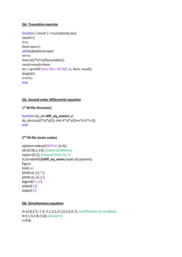 Matlab exam codes - Computer Modelling Techniques module | PDF