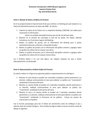 Seminario: Introducción a MATLAB para Ingenieros 
                                      Examen Práctico Final 
                                    Ing. José Córdova García 

 

Parte 1: Manejo de Datos y Gráficas (15 Puntos) 

Se le ha proporcionado la hoja de Excel ef.xls que contiene un Ranking por país basado en su 
Índice de Libertad Económica con datos del 2006.  Se solicita: 

    1. Importe los datos de los Países con su respectivo Ranking a MATLAB, use celdas para 
       representar la información. 
       ‐        Llame a la variable LibertadEconomica que sea de 1x2 del tipo celda. 
    2. Muestre  en  la  ventana  de  comandos  la  lista  de  los  países  con  Mayor  Libertad 
       Económica, los 15 primeros lugares del Ranking. 
    3. Realice  un  gráfico  de  puntos  con  la  información  del  Ranking  para  5  países 
       Latinoamericanos de su Elección, incluyendo Ecuador. 
    4. Realice  un  gráfico  de  puntos  con  la  información  del  gráfico  anterior  y  agregue  sobre 
       ese gráfico los índices de los 5 países mas Libres. 
    5. Realice  un  gráfico  de  puntos  con  la  información  del  gráfico  anterior  y  agregue  sobre 
       ese gráfico los índices de los 5 países menos Libres. 

Las  3  Gráficas  deben  ir  en  una  sola  figura,  use  subplot,  etiquete  los  ejes  y  títulos 
adecuadamente, use XtickLabel. 

 

Parte 2: Representación y Análisis Gráfico (15 Puntos) 

Se solicita realizar en 3 figuras las siguientes gráficas respectivamente en cada figura: 

    1. Muestre un seno donde se puedan ver 3 periodos completos, demás parámetros a su 
       elección,  redibuje  continuamente  el  seno  para  obtener  un  gráfico  con  “movimiento” 
       cambiando la frecuencia del seno. 
    2. Muestre un coseno donde se puedan ver 3 periodos completos, demás parámetros a 
       su  elección,  redibuje  continuamente  el  seno  para  obtener  un  gráfico  con 
       “movimiento” cambiando la frecuencia del seno. 
    3. Muestre  el  seno  y  el  coseno  donde  se  puedan  ver  3  periodos  completos  demás 
       parámetros a su elección, redibuje continuamente el seno para obtener un gráfico con 
       “movimiento”  cambiando  la  frecuencia  de  las  gráficas.    Incluya  los  puntos  de 
       intersección en el gráfico. 

Use  la  función  pause(segs)  para  dar  el  efecto  de  movimiento  antes  de  redibujar  el  eje  y 
además antes de cambiar de figura.  Para cambiar las figuras debe cerrarse la anterior antes de 
dibujar la siguiente. 

 

 

 
 