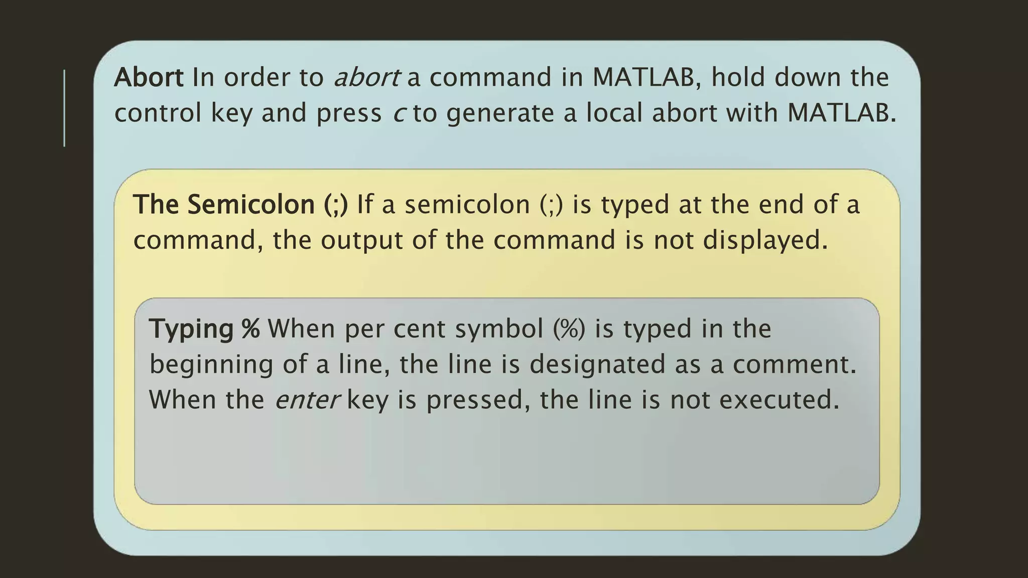 Abort In order to abort a command in MATLAB, hold down the
control key and press c to generate a local abort with MATLAB.
The Semicolon (;) If a semicolon (;) is typed at the end of a
command, the output of the command is not displayed.
Typing % When per cent symbol (%) is typed in the
beginning of a line, the line is designated as a comment.
When the enter key is pressed, the line is not executed.
 