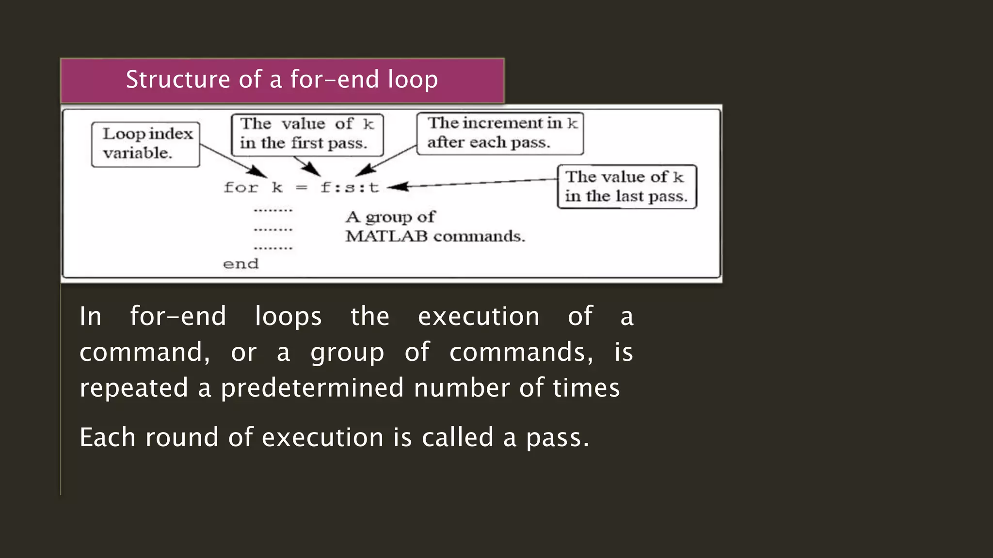 In for-end loops the execution of a
command, or a group of commands, is
repeated a predetermined number of times
Each round of execution is called a pass.
Structure of a for-end loop
 