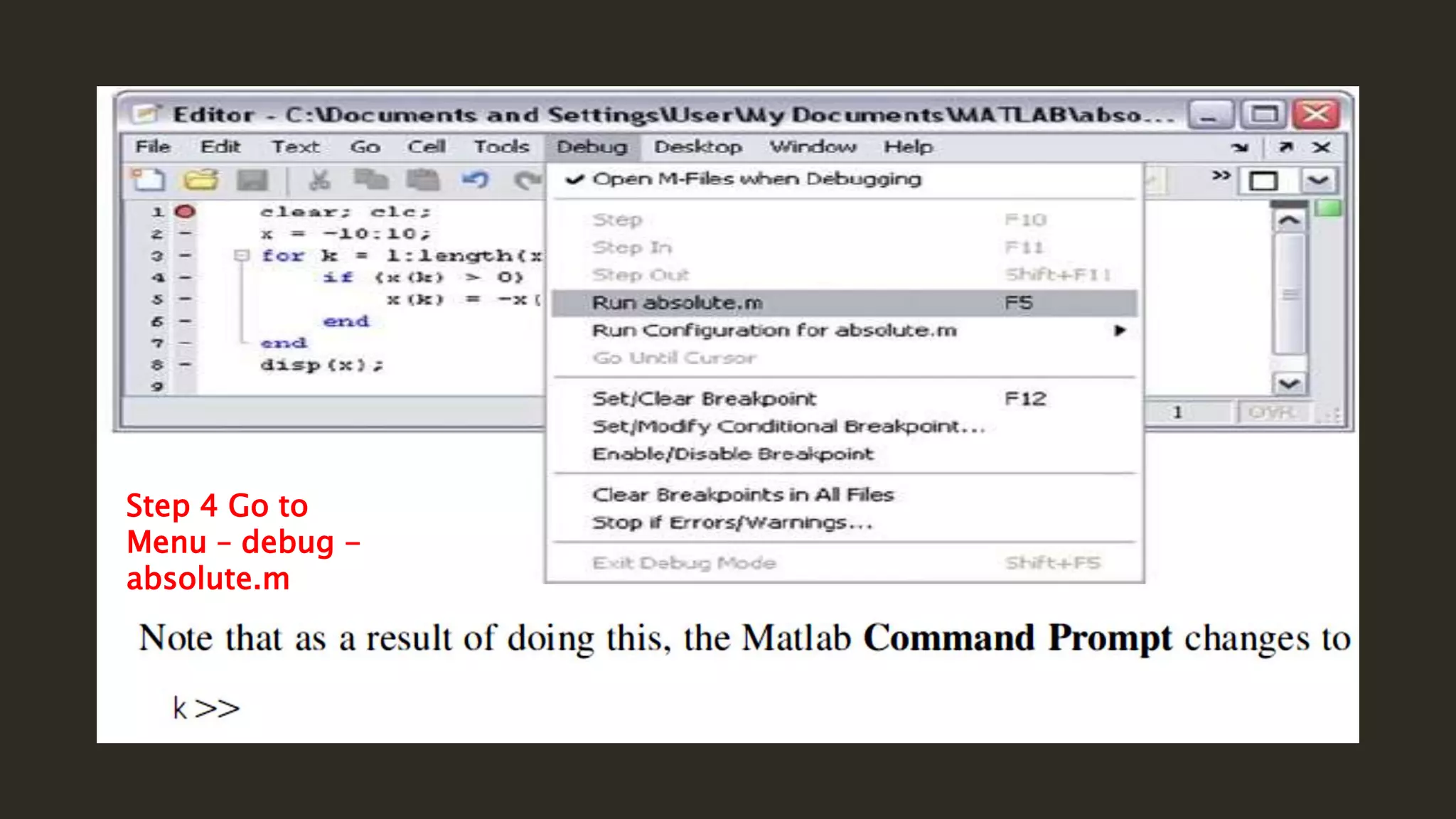 Step 4 Go to
Menu – debug -
absolute.m
 