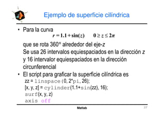 Ejemplo de superficie cilíndrica
• Para la curva
que se rota 360° alrededor del eje-z
Se usa 26 intervalos equiespaciados en la dirección z
y 16 intervalor equiespaciados en la dirección
≥ ≤= 1.1+sin( ) 0 2r z z π
Matlab 37
y 16 intervalor equiespaciados en la dirección
circunferencial
• El script para graficar la superficie cilíndrica es
zz = linspace(0, 2*pi, 26);
[x, y, z] = cylinder(1.1+sin(zz), 16);
surf(x, y, z)
axis off
 