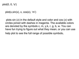 plot(0, 0, 'o')

   plot(x,sin(x), x, cos(x), ‘m’)

    plots sin (x) in the default style and color and cos (x) with
   circles joined with dashes in magenta. The available colors
   are denoted by the symbols c, m, y,k, r, g, b, w. You can
   have fun trying to figure out what they mean, or you can use
   help plot to see the full range of possible symbols.
 