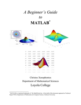 A Beginner’s Guide
to
MATLAB*
-3
-2
-1
0
1
2
3
-3
-2
-1
0
1
2
3
-6
-4
-2
0
2
4
6
8
xy
Christos Xenophontos
Department of Mathematical Sciences
Loyola College
*
MATLAB is a registered trademark of The MathWorks Inc. A first draft of this document appeared as Technical
Report 98-02, Department of Mathematics & Computer Science, Clarkson University.
 