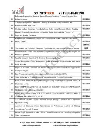 S3 INFOTECH +919884848198
# 10/1, Jones Road, Saidapet, Chennai – 15. Ph: 044-3201 7467, 9884848198.
www.s3computers.com E-Mail: info@s3computers.com
38
Palm-print Recognition Based on SpectralDomain Statistical Features Extracted from
Enhanced Image IEEE 2013
39
A Symbol-by-Symbol Cooperative Diversity Scheme for Relay-Assisted UWB
Communications with PPM IEEE 2013
40 On-Line Melody Extraction From Polyphonic Audio Using Harmonic Cluster Tracking IEEE 2013
41
Optimal Detector Randomization in Cognitive Radio Systems in the Presence of
Imperfect Sensing Decisions IEEE 2013
42
Compare The Performance Analysis For FFT Based MIMOOFDM With DWT Based
MIMO-OFDM IEEE 2013
43 Thresholded and Optimized Histogram Equalization for contrast enhancement of images
ELSEVIER
2013
44
Localization of License Plate Number Using Dynamic Image Processing Techniques and
Genetic Algorithms IEEE 2014
45 Scalable Similarity Search With Topology Preserving Hashing IEEE 2014
46
Action Recognition Using Nonnegative Action Component Representation and Sparse
Basis Selection IEEE 2014
47
Impact of Wavelet Transform and Median Filtering on Removal of Salt and Pepper Noise
in Digital Images IEEE 2014
48 Post Processing Algorithm for r eduction of Blocking Artifact in HDTV IEEE 2014
49 Noise Reduction of Echocardiographic Images Based on Temporal Information IEEE 2014
50
Blood Vessel Extraction For Retinal Images Using Morphological Operator and KCN
Clustering IEEE 2014
51
PERFORMANCE ANALYSIS OF REGION OF INTEREST BASED COMPRESSION
METHOD FOR MEDICAL IMAGES IEEE 2014
52
CHANNEL ESTIMATION FOR LTE AND LTE-A MU-MIMO UPLINK WITH A
NARROW TRANSMISSION BAND IEEE 2014
53
An Efficient Hybrid Double-Threshold Based Energy Detection for Cooperative
Spectrum Sensing IEEE 2014
54
Accuracy of Harmonic Mean Approximation in Performance Analysis of Multihop
Amplify-and-Forward Relaying IEEE 2014
55
Factor Graph Approach to Joint OFDM Channel Estimation and Decoding in Impulsive
Noise Environments IEEE 2014
 