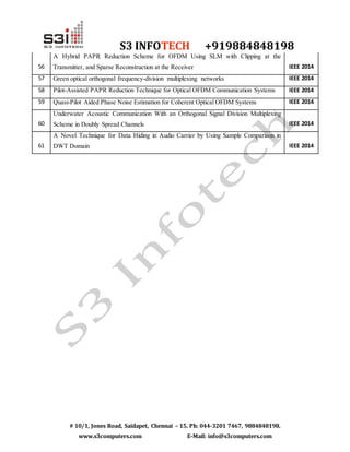 S3 INFOTECH +919884848198
# 10/1, Jones Road, Saidapet, Chennai – 15. Ph: 044-3201 7467, 9884848198.
www.s3computers.com E-Mail: info@s3computers.com
56
A Hybrid PAPR Reduction Scheme for OFDM Using SLM with Clipping at the
Transmitter, and Sparse Reconstruction at the Receiver IEEE 2014
57 Green optical orthogonal frequency-division multiplexing networks IEEE 2014
58 Pilot-Assisted PAPR Reduction Technique for Optical OFDM Communication Systems IEEE 2014
59 Quasi-Pilot Aided Phase Noise Estimation for Coherent Optical OFDM Systems IEEE 2014
60
Underwater Acoustic Communication With an Orthogonal Signal Division Multiplexing
Scheme in Doubly Spread Channels IEEE 2014
61
A Novel Technique for Data Hiding in Audio Carrier by Using Sample Comparison in
DWT Domain IEEE 2014
 
