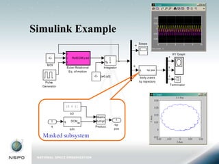 Simulink Example
                                                              Scope
                                                          w

                  y                                                                XY Graph
     -C-          J    RotEOM y dot                                            x
                                                1
                  T                          xo s
     MOI                                                  q
                  Euler Rotational          Integrator                         y
                                                              q     tip pos
                   Eq. of motion
                                      -C- [w0,q0]                              z
                                                               body z-axis
   Pulse                                                      tip trajectory
                                                                               Terminator
  Generator




                  [0 0 1]

                      b3
                                       Matrix
                      DCM             Multiply       1
       1      q             be
                                                    tip
       q                              Product
                      q2c                           pos

  Masked subsystem
 