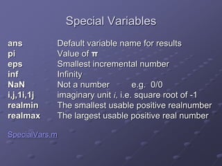Special Variables
ans Default variable name for results
pi Value of π
eps Smallest incremental number
inf Infinity
NaN Not...