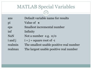 27
MATLAB Special Variables
ans Default variable name for results
pi Value of 
eps Smallest incremental number
inf Infinity
NaN Not a number e.g. 0/0
i and j i = j = square root of -1
realmin The smallest usable positive real number
realmax The largest usable positive real number
 