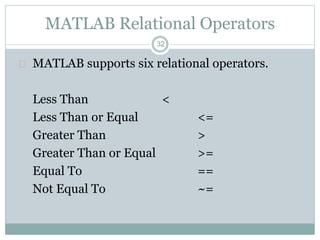 32
MATLAB Relational Operators
 MATLAB supports six relational operators.
Less Than <
Less Than or Equal <=
Greater Than >
Greater Than or Equal >=
Equal To ==
Not Equal To ~=
 