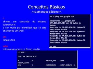 Conceitos Básicos
<<Comandos Básicos>>
!
chama um comando do sistema
operacional.
a cor muda pra identificar que se esta
chamando um shell
clc
limpa a tela
who
retorna as variaveis q foram usadas
>> ! ping www.google.com
Disparando www.google.com
[74.125.234.51] com 32 bytes de
dados:
Resposta de 74.125.234.51: bytes=32
tempo=20ms TTL=56
Resposta de 74.125.234.51: bytes=32
tempo=18ms TTL=56
Resposta de 74.125.234.51: bytes=32
tempo=18ms TTL=56
Resposta de 74.125.234.51: bytes=32
tempo=18ms TTL=56
>> clc
>> who
Your variables are:
a b matriz_3x3 soma
vetor_linha
ans c multiplica vetor_coluna x
 