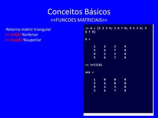 Conceitos Básicos
<<FUNCOES MATRICIAIS>>
-Retorna matriz triangular
>> tril(A) %inferior
>> triu(A) %superior
>> A = [1 2 3 4; 5 6 7 8; 9 2 3 4; 5
6 7 8]
A =
1 2 3 4
5 6 7 8
9 2 3 4
5 6 7 8
>> tril(A)
ans =
1 0 0 0
5 6 0 0
9 2 3 0
5 6 7 8
 