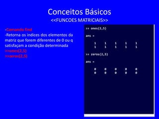 Conceitos Básicos
<<FUNCOES MATRICIAIS>>
-Comando find
-Retorna os indices dos elementos da
matriz que forem diferentes de 0 ou q
satisfaçam a condição determinada
>>ones(2,5)
>>zeros(2,5)
>> ones(2,5)
ans =
1 1 1 1 1
1 1 1 1 1
>> zeros(2,5)
ans =
0 0 0 0 0
0 0 0 0 0
 
