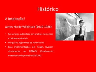Histórico
A Inspiração!
James Hardy Wilkinson (1919-1986)
• Foi a maior autoridade em analises numéricas
e calculos matriciais.
• Pesquisou Algoritmos de Autovalores
• Suas implementações em ALGOL levaram
diretamente ao EISPACK (fundamento
matemático do primeiro MATLAB)
 