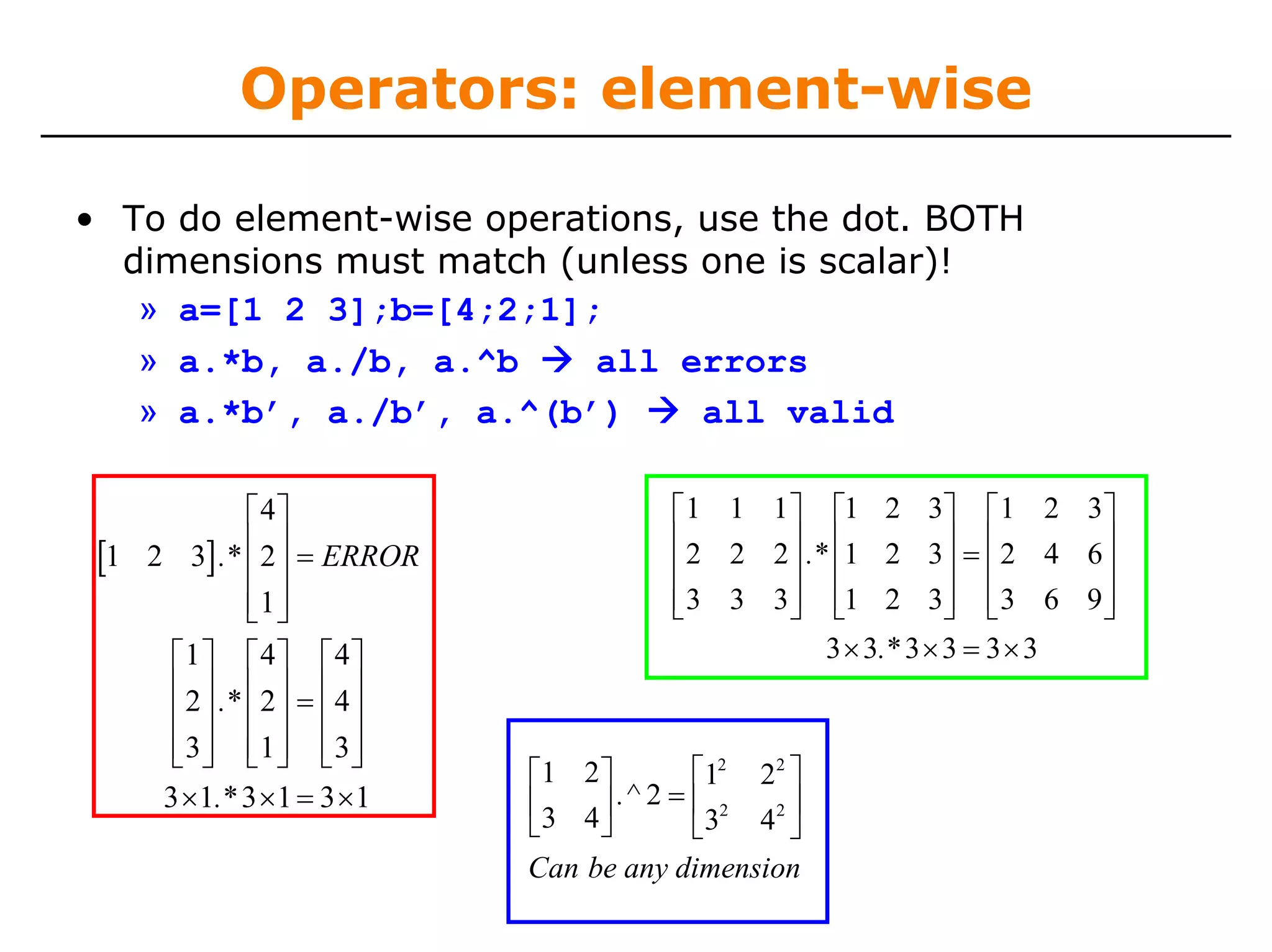 Operators: element-wise

• To do element-wise operations, use the dot. BOTH
  dimensions must match (unless one is scalar)!
   » a=[1 2 3];b=[4;2;1];
   » a.*b, a./b, a.^b      all errors
   » a.*b’, a./b’, a.^(b’)       all valid

              ⎡ 4⎤                       ⎡1 1 1 ⎤ ⎡1 2 3⎤ ⎡ 1 2 3⎤
                                         ⎢ 2 2 2 ⎥ .* ⎢1 2 3⎥ = ⎢ 2 4 6 ⎥
 [1 2 3] .* ⎢ 2⎥ = ERROR
              ⎢ ⎥                        ⎢       ⎥ ⎢             ⎥ ⎢       ⎥
              ⎢1 ⎥
              ⎣ ⎦                        ⎢ 3 3 3 ⎥ ⎢1 2 3⎥ ⎢ 3 6 9 ⎥
                                         ⎣       ⎦ ⎣             ⎦ ⎣       ⎦
     ⎡1 ⎤ ⎡ 4⎤ ⎡ 4⎤                                  3 × 3.* 3 × 3 = 3 × 3
     ⎢ 2 ⎥ .* ⎢ 2 ⎥ = ⎢ 4 ⎥
     ⎢ ⎥ ⎢ ⎥ ⎢ ⎥
     ⎢ 3⎥ ⎢1 ⎥ ⎢ 3⎥
     ⎣ ⎦ ⎣ ⎦ ⎣ ⎦
                              ⎡1 2 ⎤        ⎡12 22 ⎤
      3 ×1.* 3 ×1 = 3 × 1     ⎢3 4 ⎥ .^ 2 = ⎢ 2    ⎥
                              ⎣    ⎦        ⎣ 3 42 ⎦
                              Can be any dimension
 