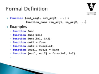  function [out_arg1, out_arg2, ...] =
function_name (in_arg1, in_arg2, ...)
 Examples
◦ function func
◦ function func(in1)
◦ function func(in1, in2)
◦ function out1 = func
◦ function out1 = func(in1)
◦ function [out1, out2] = func
◦ function [out1, out2] = func(in1, in2)
◦ …
 
