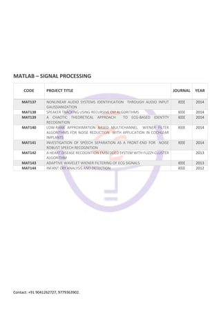 Contact: +91 9041262727, 9779363902.
MATLAB – SIGNAL PROCESSING
CODE PROJECT TITLE JOURNAL YEAR
MAT137 NONLINEAR AUDIO SYSTEMS IDENTIFICATION THROUGH AUDIO INPUT
GAUSSIANIZATION
IEEE 2014
MAT138 SPEAKER TRACKING USING RECURSIVE EM ALGORITHMS IEEE 2014
MAT139 A CHAOTIC THEORETICAL APPROACH TO ECG-BASED IDENTITY
RECOGNITION
IEEE 2014
MAT140 LOW-RANK APPROXIMATION BASED MULTICHANNEL WIENER FILTER
ALGORITHMS FOR NOISE REDUCTION WITH APPLICATION IN COCHLEAR
IMPLANTS
IEEE 2014
MAT141 INVESTIGATION OF SPEECH SEPARATION AS A FRONT-END FOR NOISE
ROBUST SPEECH RECOGNITION
IEEE 2014
MAT142 A HEART DISEASE RECOGNITION EMBEDDED SYSTEM WITH FUZZY CLUSTER
ALGORITHM
2013
MAT143 ADAPTIVE WAVELET WIENER FILTERING OF ECG SIGNALS IEEE 2013
MAT144 INFANT CRY ANALYSIS AND DETECTION IEEE 2012
 